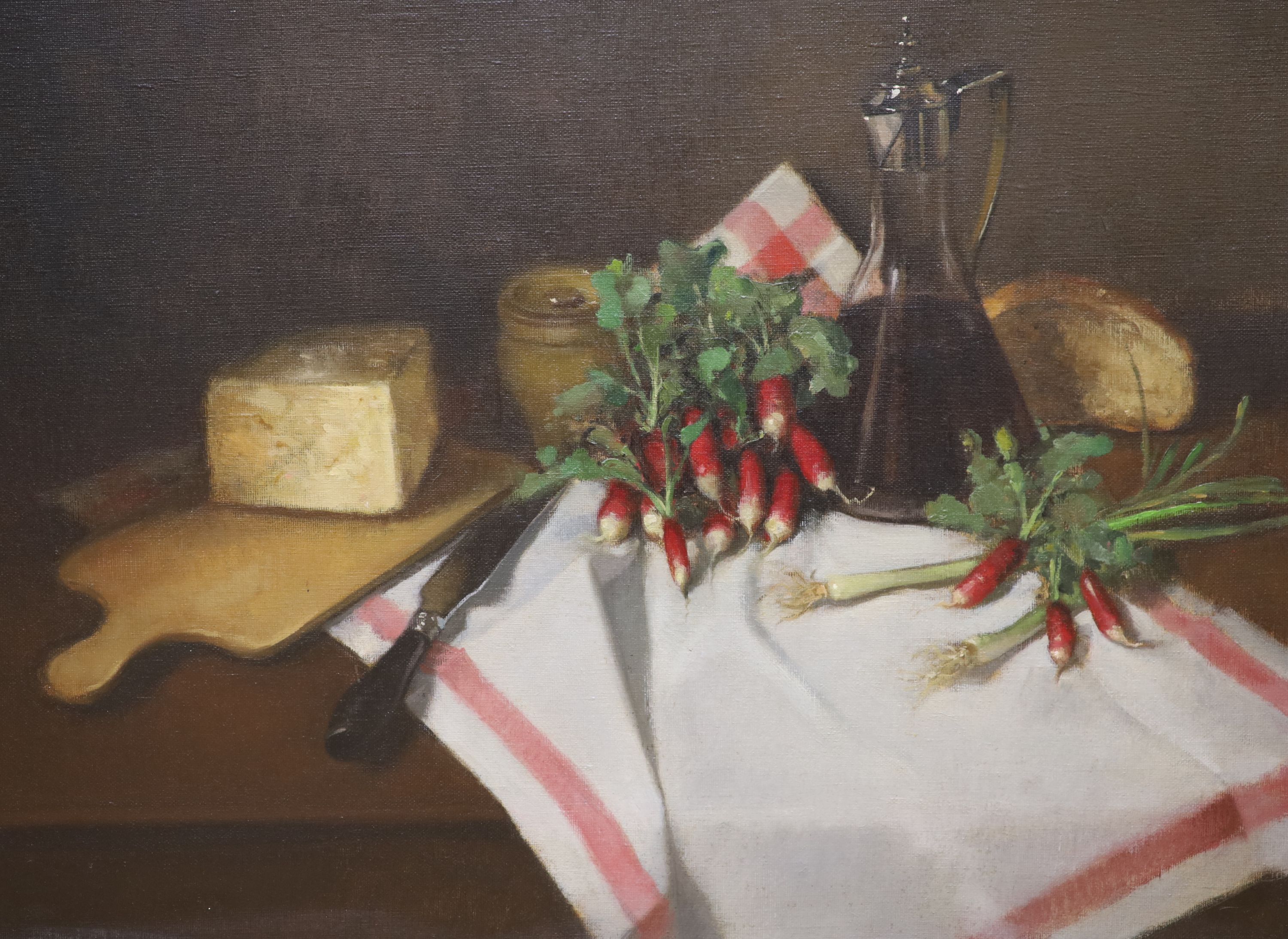 English School, oil on canvas, Still life with radishes on a table top, indistinctly signed, 59 x 79cm